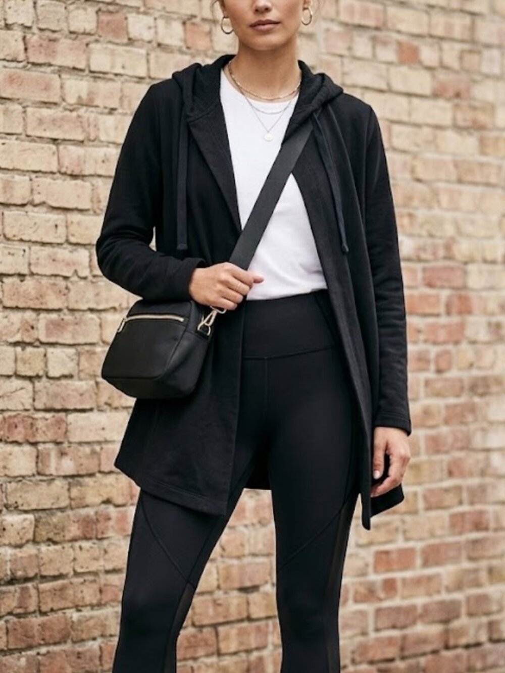 Eddie Bauer Hooded Waterfall Cardigan Black Open Front Oversized M